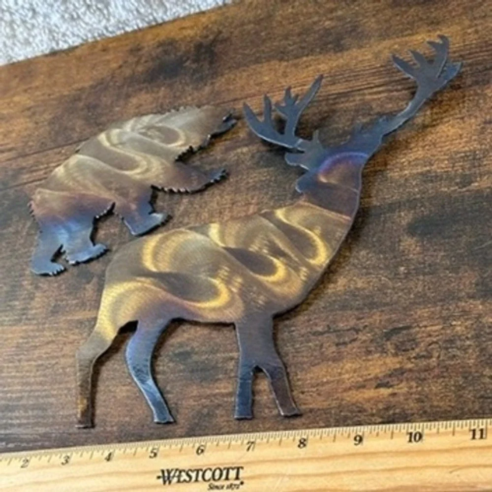 Metal Wall Art Bear Deer Silhouette Iridescent Heat Treated Finish Steel Set‎